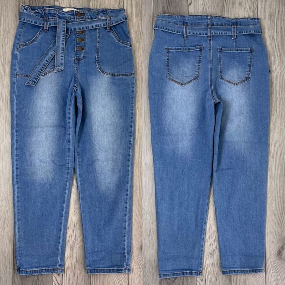 Chelsea & Violet Size 28 High Waist Paper Bag Belted Taper Leg Stretch Mom Jeans - Picture 1 of 14